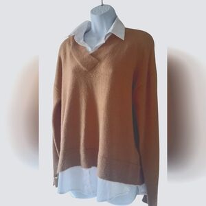 Women's Anne Klein Desert Brown Sweater with Blouse Trim and Gold Buttons L